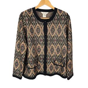 MISOOK Women's Black Maroon Metallic Geometric Print Knit Cardigan Medium